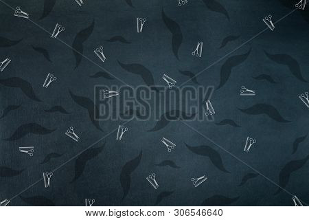 Barber Shop Background. Many Mustache And Hairdresser Scissors And Comb Icons. Dark Background. Back