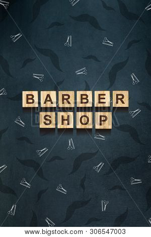 Barber Shop Background. Many Mustache And Hairdresser Scissors And Comb Icons. Dark Background.
