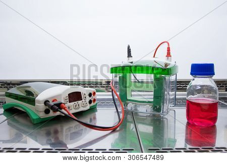 Equipment And A Flask With A Red Liquid Are Placed In A Glass Sterile Cabinet. Preparing For The Exp