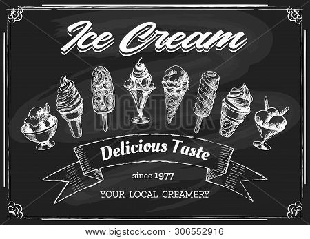 Ice Cream Chalk Board Drawing. Eskimo Cream Sketch On Chalkboard Background, Icecream Shop Or Restau