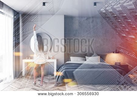 Woman In White And Concrete Bedroom, Mirror