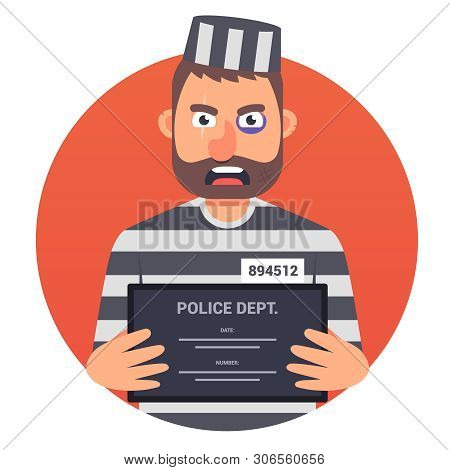 A Prisoner With A Sign In His Hands Does Not Look Well Into The Camera. Character In A Bubble. Strip