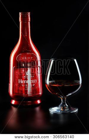 Tel Aviv, Israel - June 15, 2019. A Bottle Of French Cognac Hennessy V.s.o.p With A Glass Of Cognac 