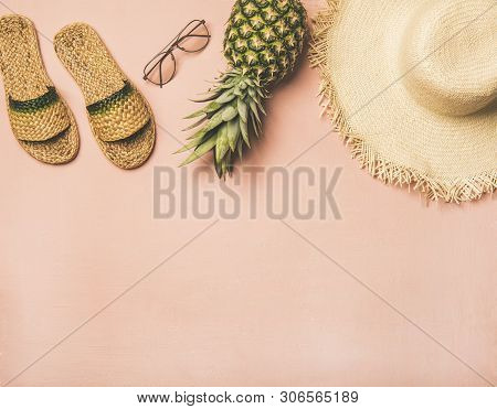 Variety Of Summer Apparel Items And Fresh Pinapple, Copy Space
