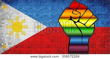Shiny Lgbt Protest Fist On A Philippine Flag - Illustration, 
Abstract Mosaic Philippine And Gay Fla