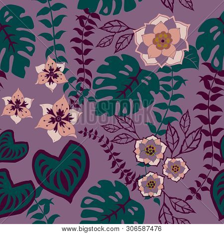 Tropical Floral Seamless Pattern On Purple Background, Tropical Flowers Surface Pattern Background T