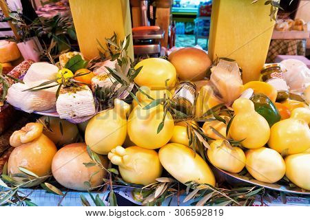 Stand With Variety Of Traditional And Aged Cheeses In Palermo, Italy