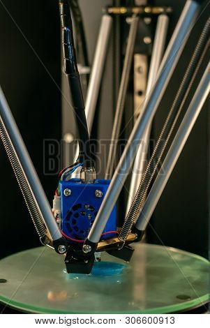3d Printer Printhead During Printing Volume Detail In Close-up With Blurred Background