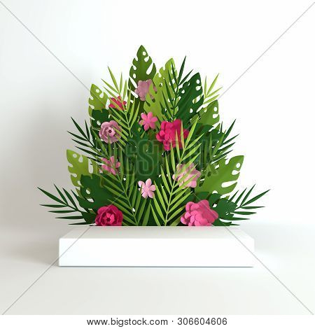 Tropical Paper Palm, Monstera Leaves And Flowers Frame, Podium Platform For Product Presentation. Su
