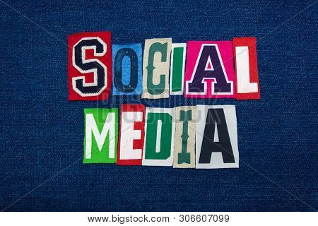 Social Media Collage Of Word Text, Multi Colored Fabric On Blue Denim, Personal Online Presence Conc