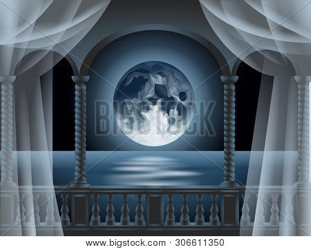 Full Moon Over The Sea Seen From The Balcony Illustration Vector
