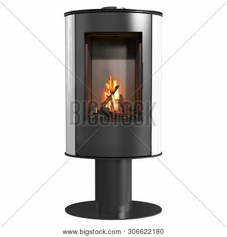 Modern Burning Fireplace Stove Isolated On White Background.