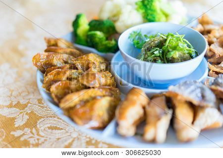 Northern Thai Food: Northern Thai Green Chilli Dip (nam Prik Num) Served With Sai Aua (herb And Spic