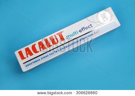 Kyiv, Ukraine - May 27, 2019: With more than 80 years, Lacalut is one of the oldest German dental care brands. Lacalut Aktiv medical toothpaste. 