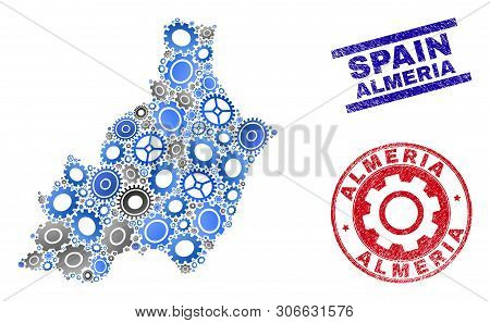Wheel Vector Almeria Province Map Mosaic And Seals. Abstract Almeria Province Map Is Done From Gradi