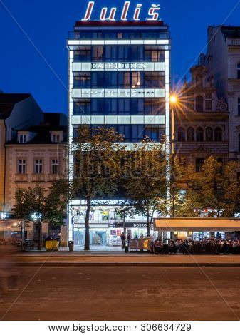 Prague, Czech Republic - June 8 2019: Functionalist Julis Hotel At Night On Wenceslas Square. A Famo