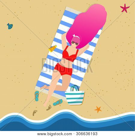 Tanning Woman On Beach. Beautiful Girl In Sunglasses And Red Bikini Relaxing On Sandy Seaside. Summe