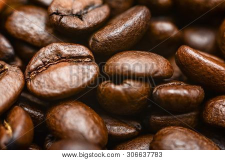 Coffee Beans Background. Close Up. Mixture Of Different Kinds Of Coffee Beans.