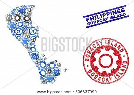 Cog Vector Boracay Island Map Composition And Stamps. Abstract Boracay Island Map Is Organized Of Gr