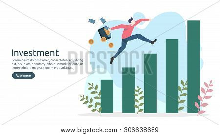 Business Investment Concept. Dollar Pile Coin, Tiny People, Money Object. Graphic Chart Increase. Fi