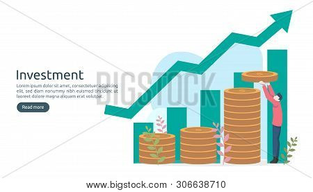Business Investment Concept. Dollar Pile Coin, Tiny People, Money Object. Graphic Chart Increase. Fi