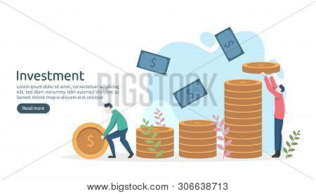 Business Investment Concept. Dollar Pile Coin, Tiny People, Money Object. Graphic Chart Increase. Fi