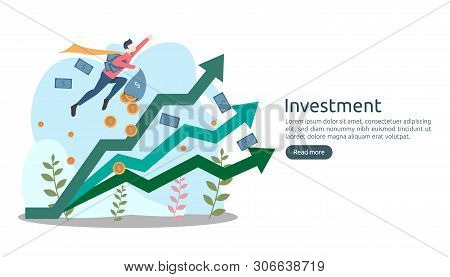 Business Investment Concept. Dollar Pile Coin, Tiny People, Money Object. Graphic Chart Increase. Fi