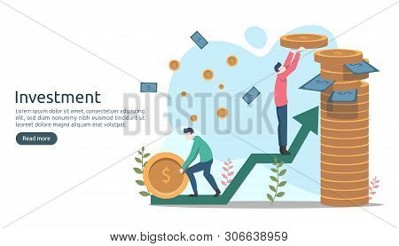 Business Investment Concept. Dollar Pile Coin, Tiny People, Money Object. Graphic Chart Increase. Fi
