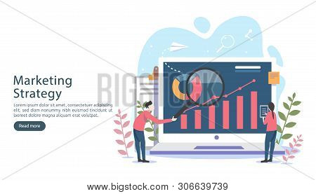 Digital Marketing Strategy Concept With Tiny People Character, Table, Graphic Object On Computer Scr