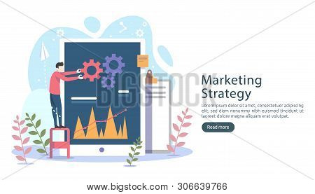 Digital Marketing Strategy Concept With Tiny People Character, Table, Graphic Object On Computer Scr