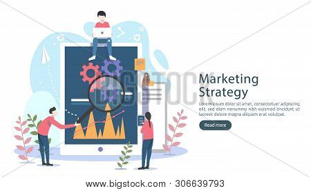 Digital Marketing Strategy Concept With Tiny People Character, Table, Graphic Object On Computer Scr