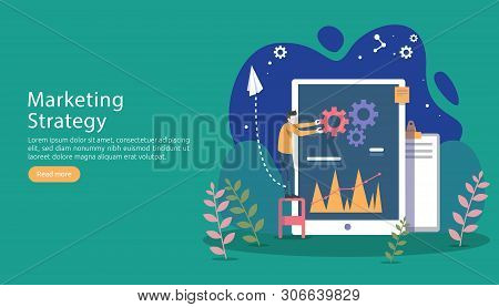 Digital Marketing Strategy Concept With Tiny People Character, Table, Graphic Object On Computer Scr