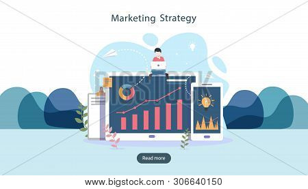 Digital Marketing Strategy Concept With Tiny People Character, Table, Graphic Object On Computer Scr