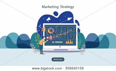 Digital Marketing Strategy Concept With Tiny People Character, Table, Graphic Object On Computer Scr