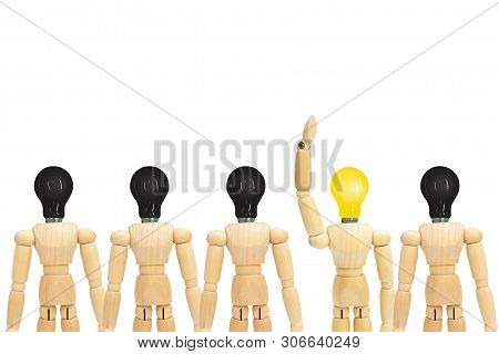 Business Idea Concept : One Wooden Figure Mannequin With Yellow Light Bulb Head Standing Out Row Of 