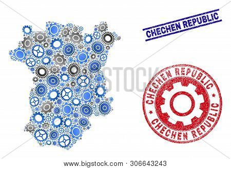 Workshop Vector Chechen Republic Map Collage And Seals. Abstract Chechen Republic Map Is Done From G