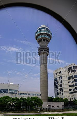 Shanghai, China - Jun 3, 2019. Air Traffic Control (atc) Tower Of Shanghai Pudong Airport. The Airpo