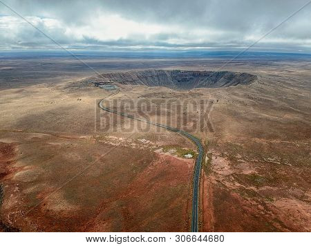 High Angle Aerial Of Meteor Crater, Arizona.