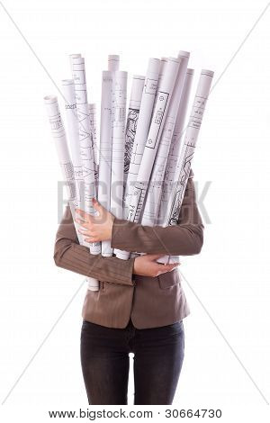 Woman holds a rolled-up drawings