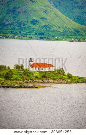 Fjord Landscape With Sildpollnes Chapel, Lofoten Islands, Sildpollneset Peninsula On Of Austvagoya, 