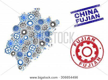 Mechanics Vector Fujian Province Map Collage And Seals. Abstract Fujian Province Map Is Organized Fr