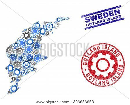 Industrial Vector Gotland Island Map Composition And Stamps. Abstract Gotland Island Map Is Organize