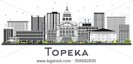 Topeka Kansas City Skyline with Gray Buildings Isolated on White. Business Travel and Tourism Concept with Modern Architecture. Topeka USA Cityscape with Landmarks. 