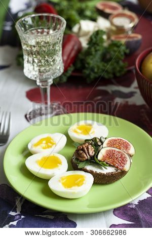 A Gourmet Lunch: A Rye Bread Sandwich With Cream Cheese, Aragula, Walnuts And Figs, Sulguni Cheese B