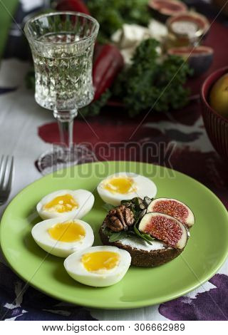A Gourmet Lunch: A Rye Bread Sandwich With Cream Cheese, Aragula, Walnuts And Figs, Sulguni Cheese B
