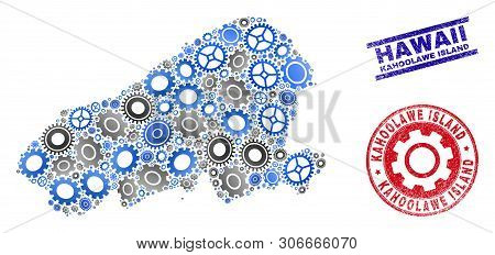Gear Vector Kahoolawe Island Map Mosaic And Seals. Abstract Kahoolawe Island Map Is Created From Gra