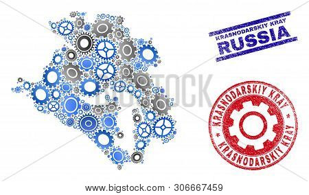 Wheel Vector Krasnodarskiy Kray Map Collage And Seals. Abstract Krasnodarskiy Kray Map Is Designed W