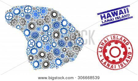 Repair Service Vector Lanai Island Map Composition And Stamps. Abstract Lanai Island Map Is Organize