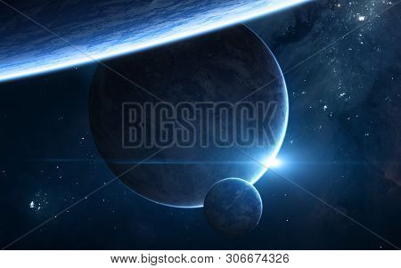 Planets In Deep Space. Blue Star Eclipse. Science Fiction. Elements Of This Image Furnished By Nasa
