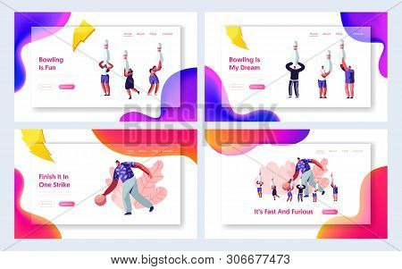 Bowling Sparetime Website Landing Page Set, Man Throw Ball, People Holding Pins. Leisure, Active Lif